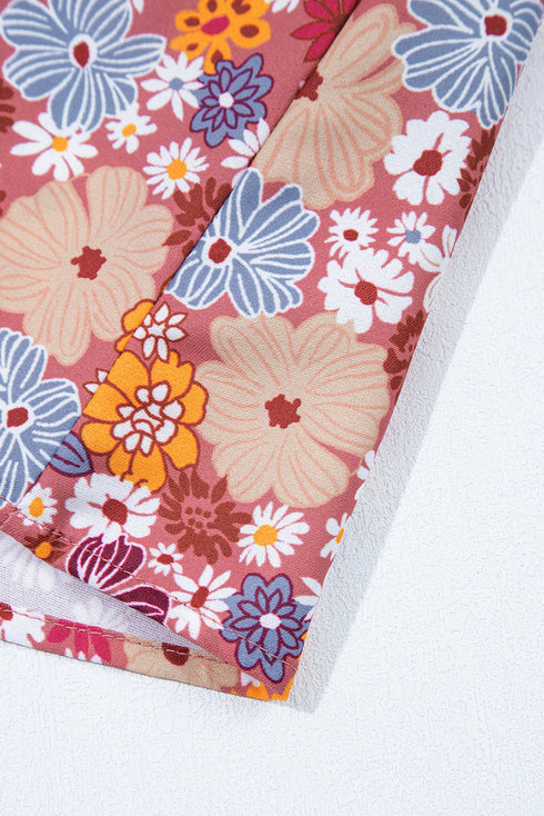 Red Floral Puff Sleeve Square Neck Knot Open Back Mini Dress